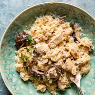 Bowl of Chicken Risotto with a fork