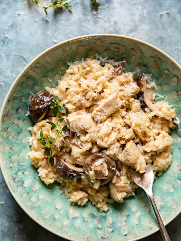 Bowl of Chicken Risotto with a fork