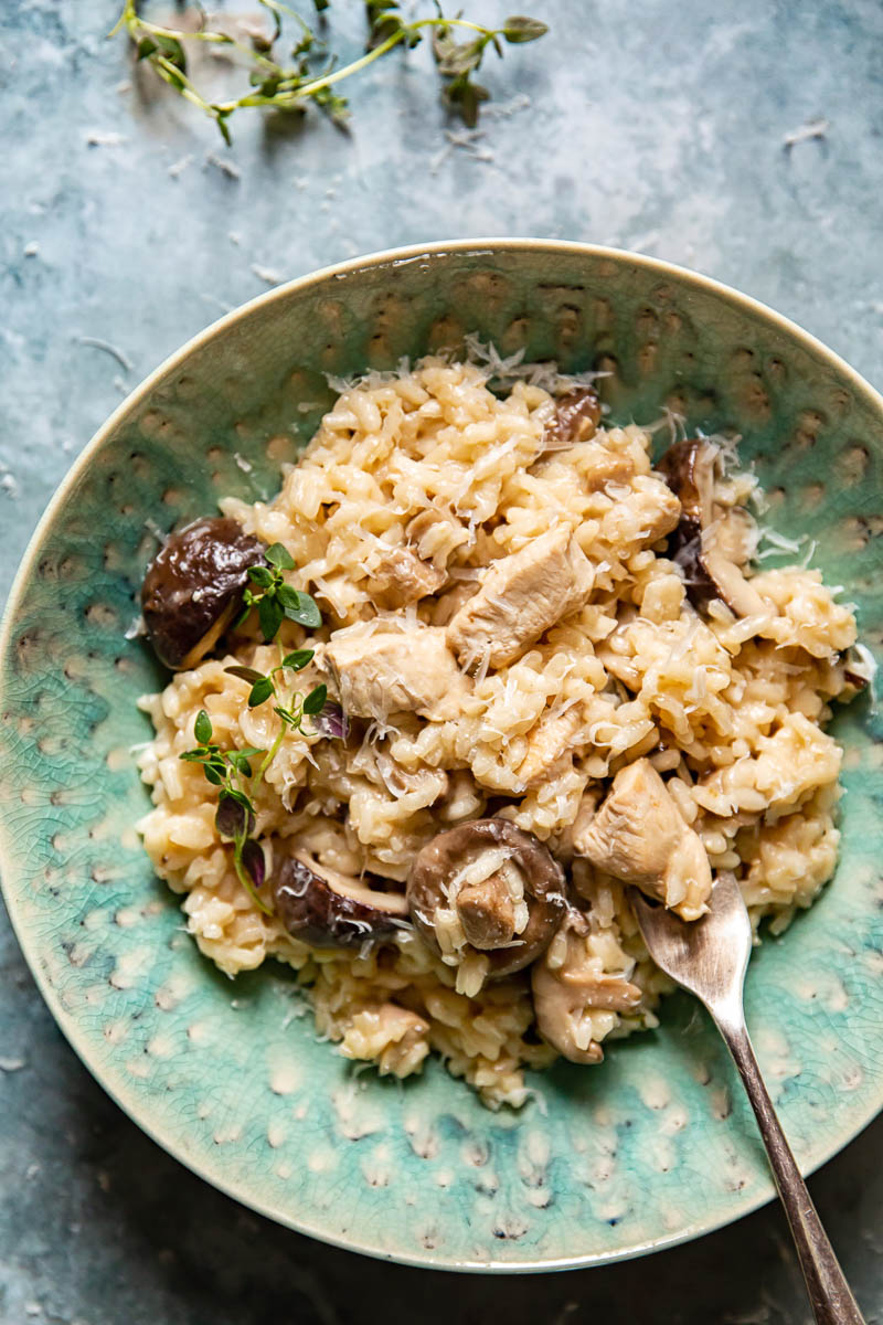 Bowl of Chicken Risotto with a fork