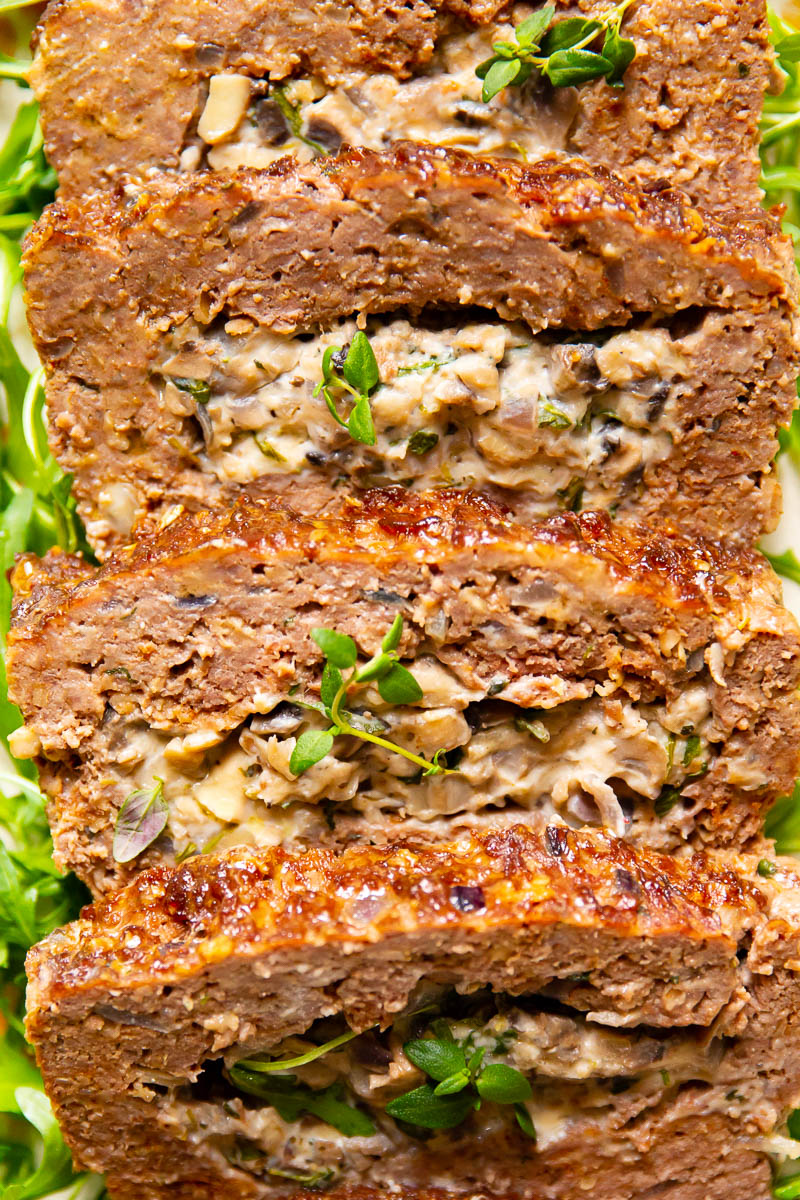 Meatloaf stuffed with creamy mushrooms 