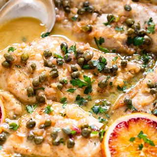 Chicken Paillard in sherry caper sauce with blood oranges