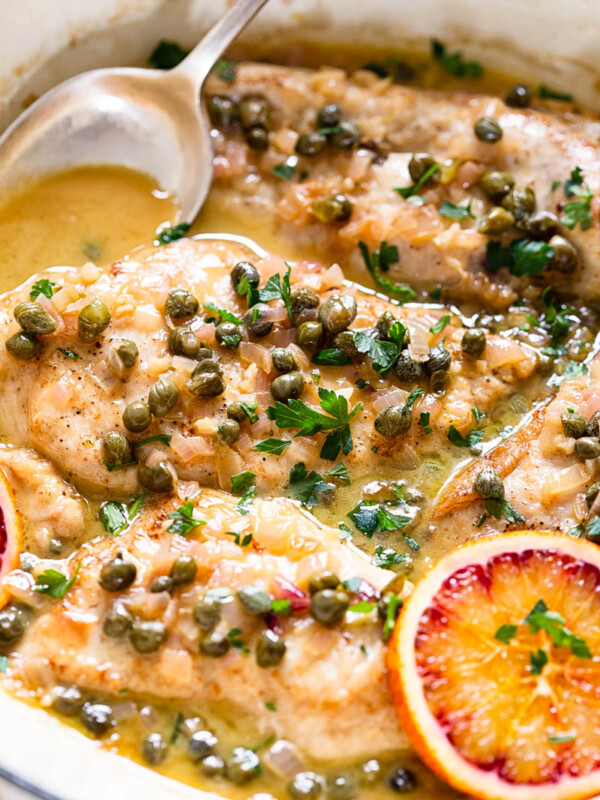 Chicken Paillard in sherry caper sauce with blood oranges