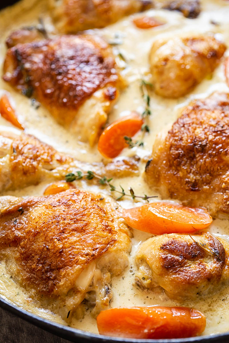 Chicken casserole with carrots and thyme in creamy sauce