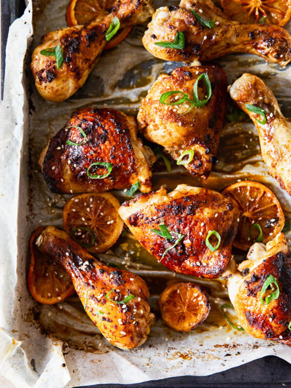 Honey Soy Chicken Thighs and Legs in roasting pan
