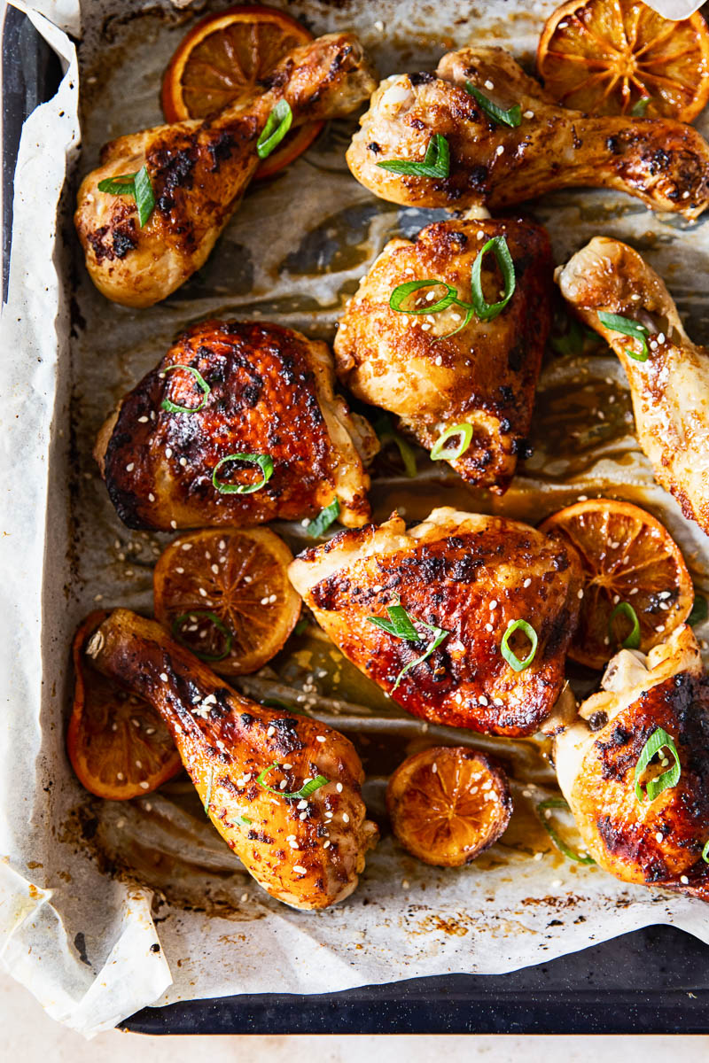 Honey Soy Chicken Thighs and Legs in roasting pan