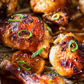 Honey Soy Chicken Thighs and Legs in roasting pan