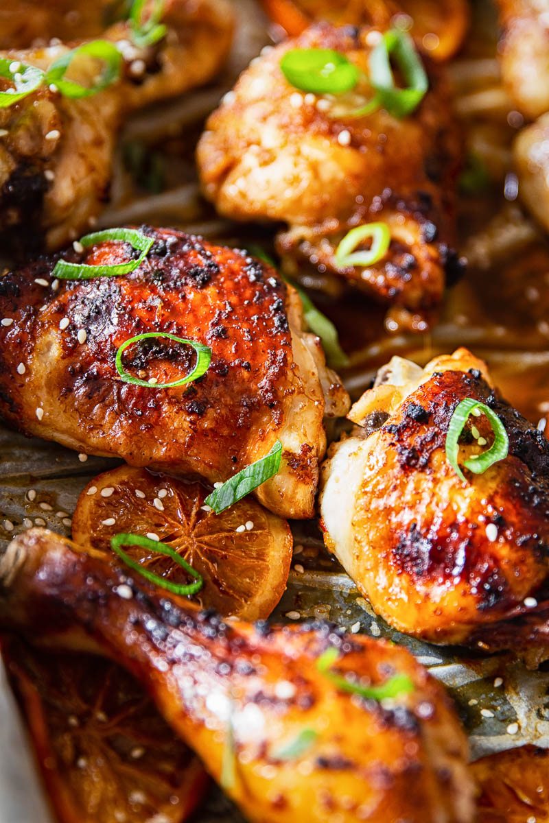 Honey Soy Chicken Thighs and Legs in roasting pan