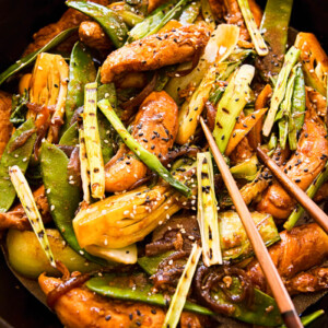 Teriyaki Chicken Stir Fry in cast iron pan