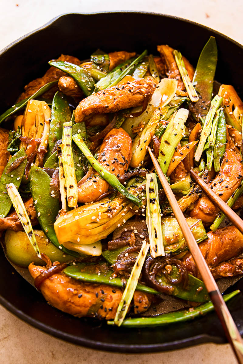 Teriyaki Chicken Stir Fry in cast iron pan