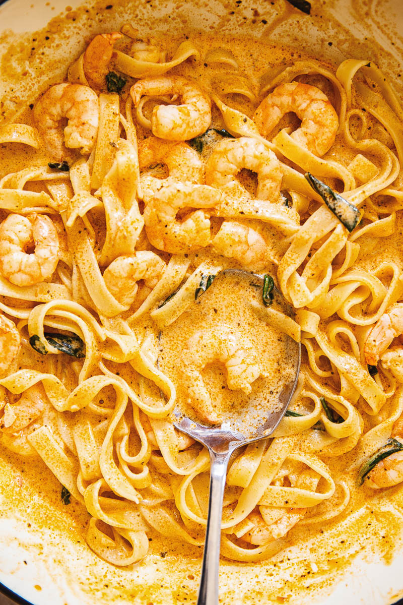 Shrimp pasta in creamy sun-dried tomato sauce