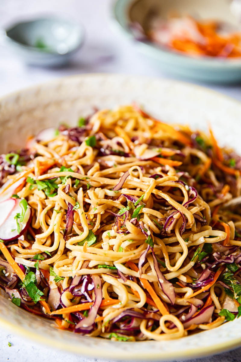 Oriental Noodle Salad with red cabbage, carrots and radishes. 