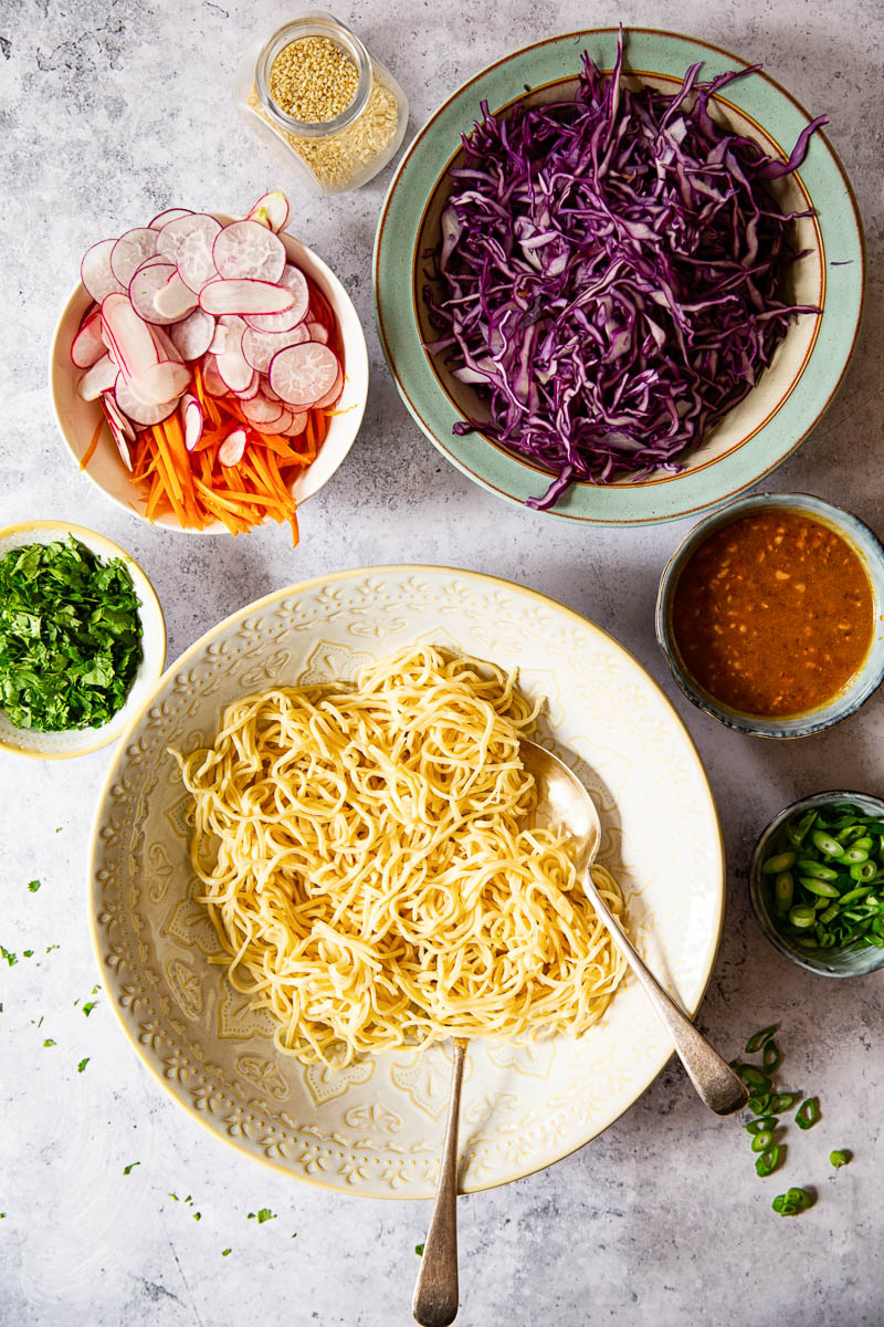 Ingredients in bowls for Asian Noodle Salad 