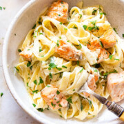 Creamy salmon pasta in bowl