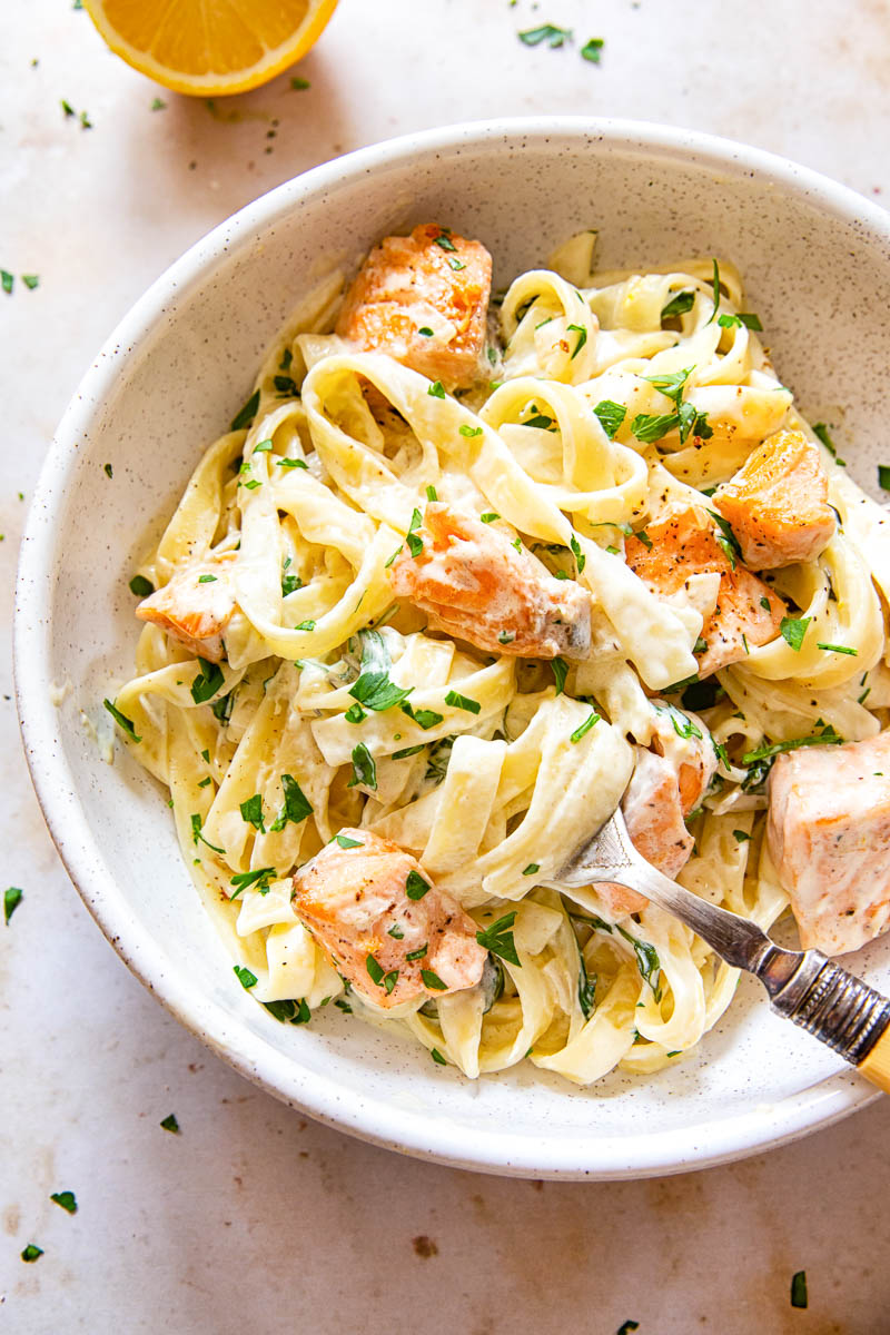 Creamy salmon pasta in bowl