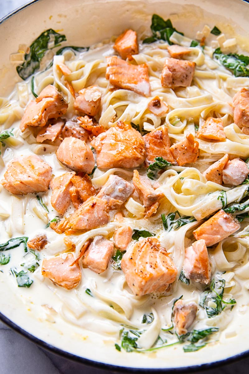 Salmon Pasta in cream sauce with greens