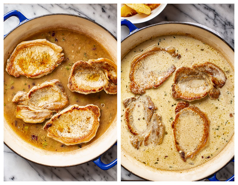 Boneless Pork Chops in apple cider cream sauce cooking process 