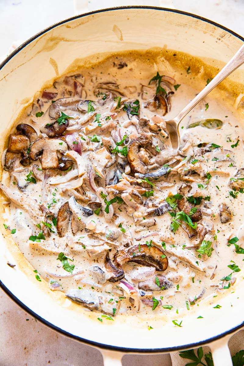 Creamy Mushroom Stroganoff in white pan