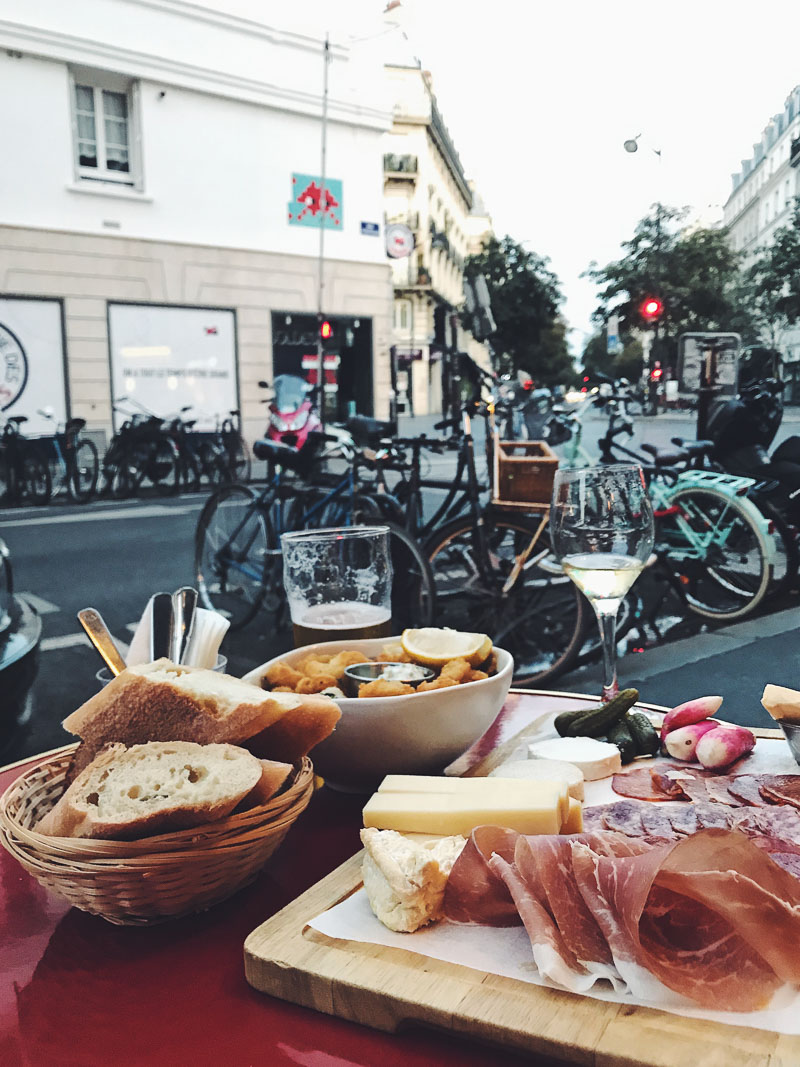 Cafe lunch on a Parisian street, with bicycles in the background