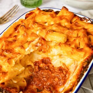 Baked Mac and Cheese with a bottom layer of bolognese sauce