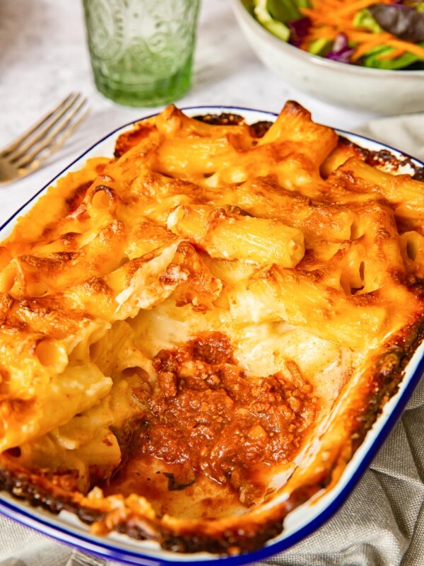 Baked Mac and Cheese with a bottom layer of bolognese sauce