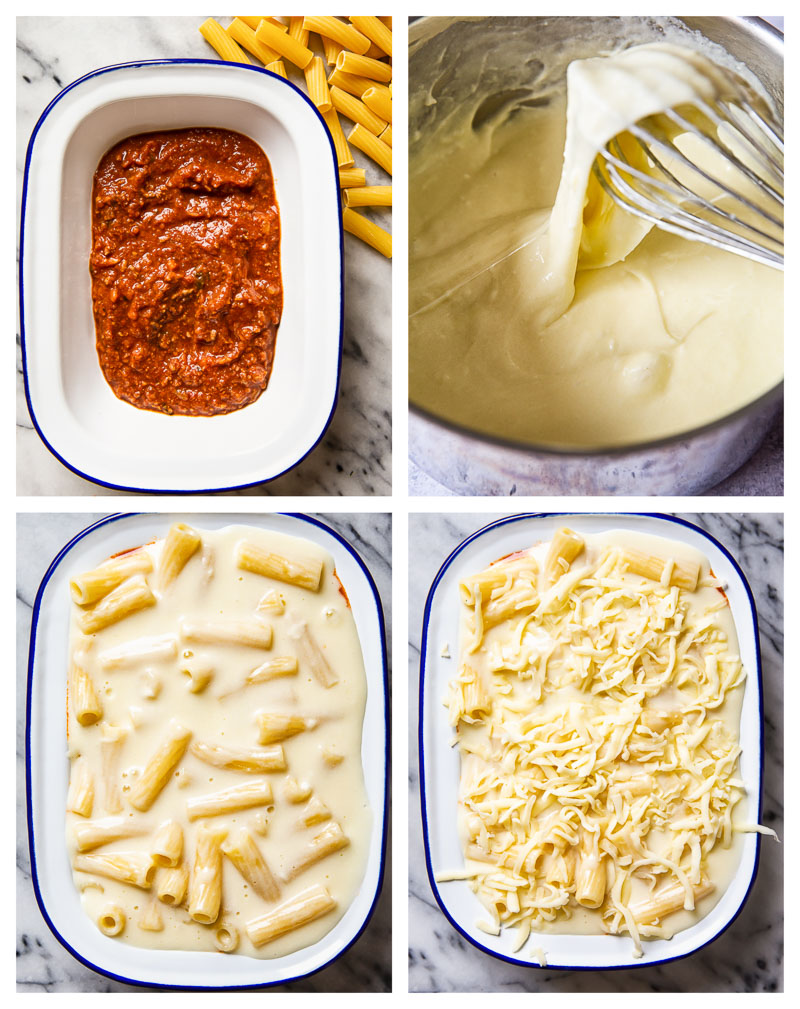 4 stages of baked mac and cheese making 