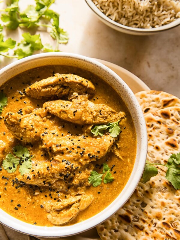 Chicken Korma with naan bread and basmati rice