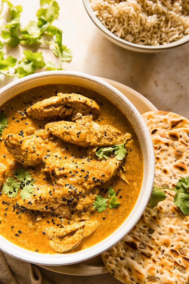 Chicken Korma with naan bread and basmati rice
