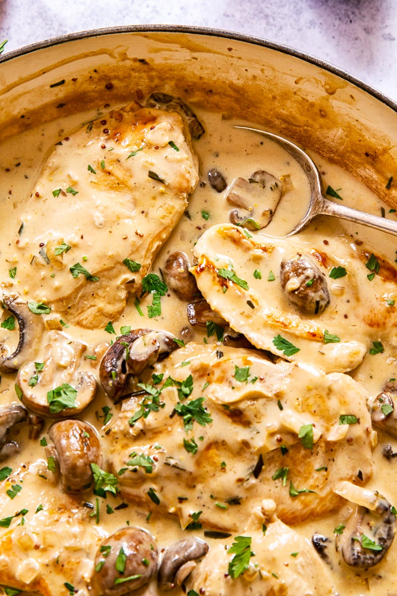 Chicken breasts in garlic mushroom sauce, sprinkled with parsley