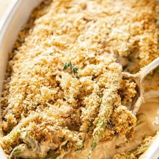 Green Bean Casserole covered with Parmesan breadcrumbs