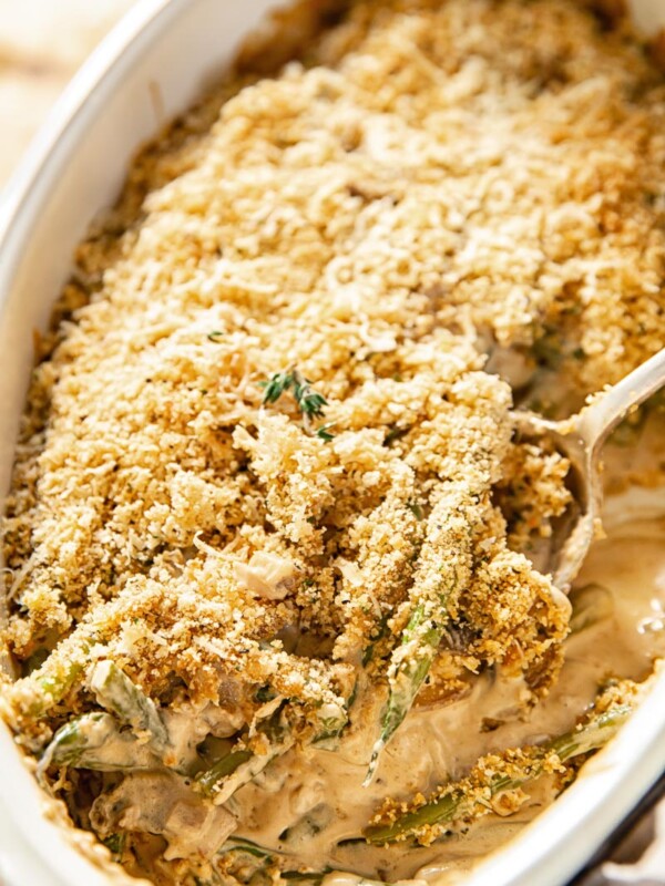 Green Bean Casserole covered with Parmesan breadcrumbs