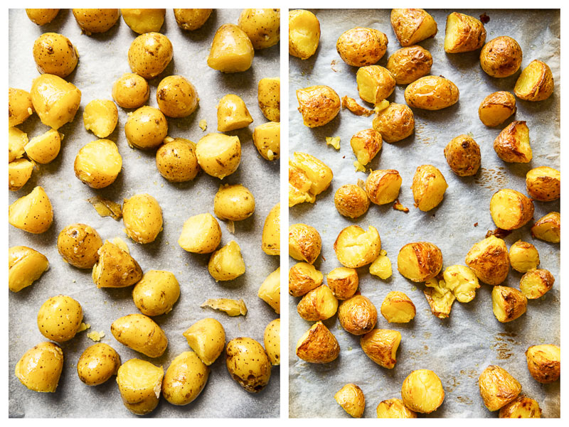 Roasted Baby Potatoes, before and after roasting