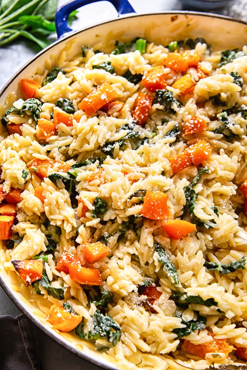 Vegetarian one pan orzo pasta with roasted butternut squash, sage and kale.