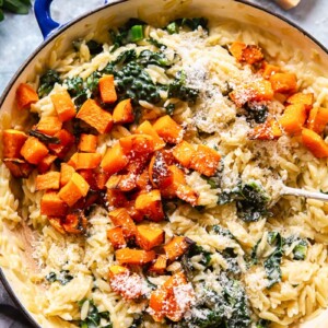 Orzo pasta with roasted butternut squash, kale and Parmesan cheese