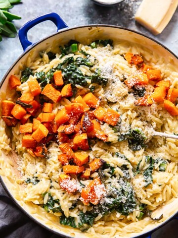 Orzo pasta with roasted butternut squash, kale and Parmesan cheese
