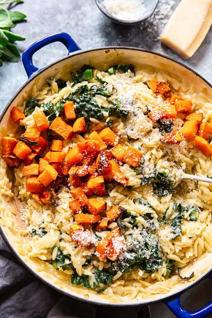 Orzo pasta with roasted butternut squash, kale and Parmesan cheese
