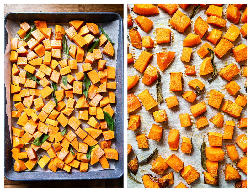 Cubed Butternut Squash. Raw and Roasted with Sage
