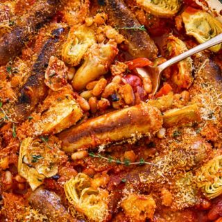 Sausage, white bean and artichoke casserole in tomato sauce