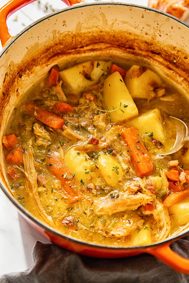 turkey stew with leeks, carrots and potatoes. Dairy free.