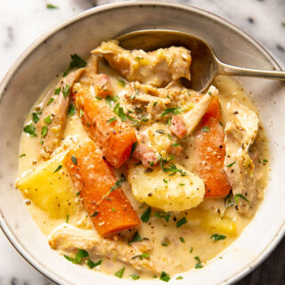 creamy turkey stew with carrots and potatoes in grey bowl