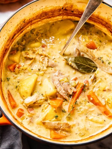 creamy turkey stew with carrots and potatoes in a soup pot