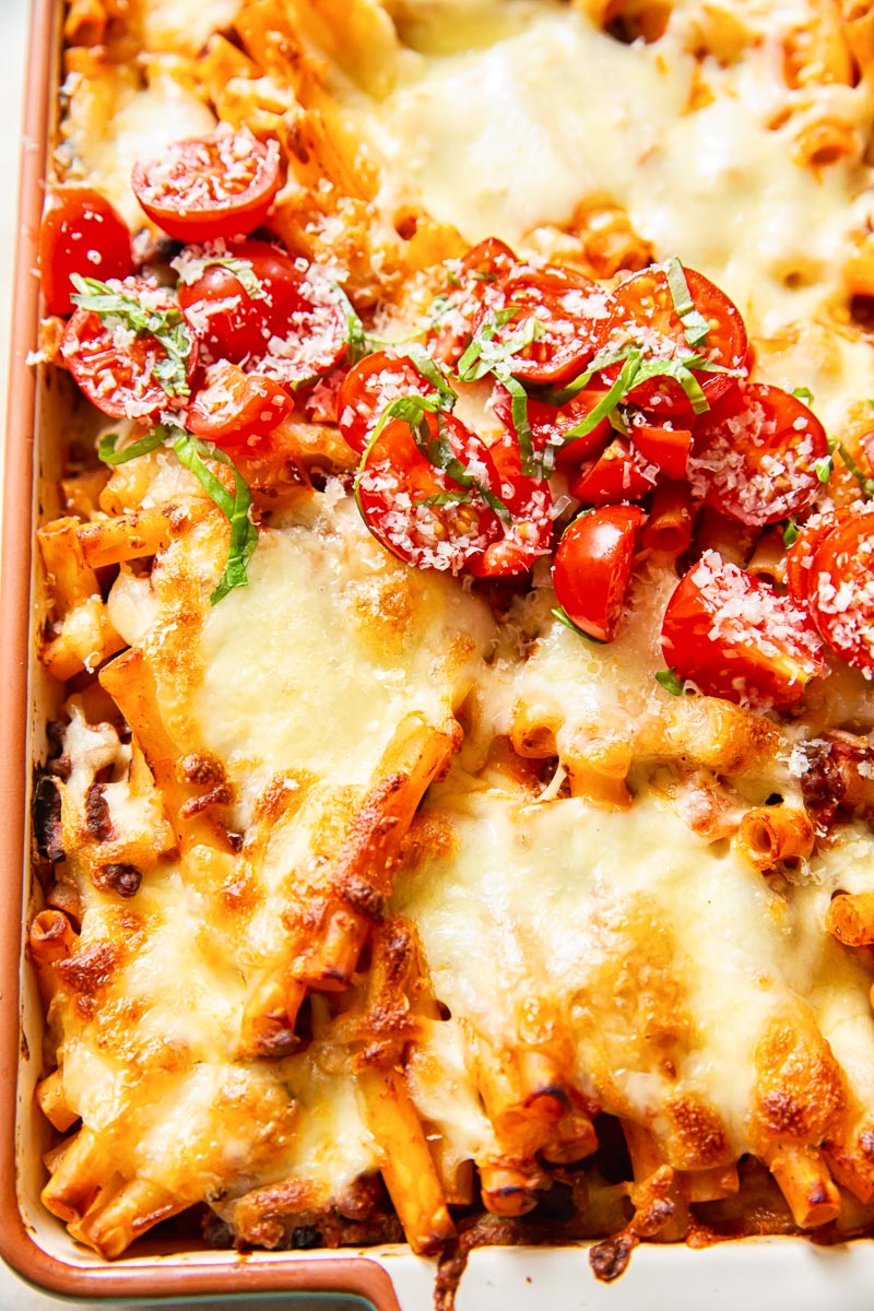 Baked Ziti with fresh basil tomato salsa on top 