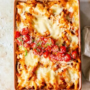 Baked pasta topped with tomato basil salsa