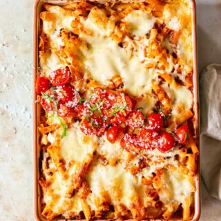 Baked pasta topped with tomato basil salsa