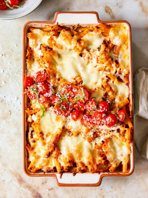 Baked pasta topped with tomato basil salsa