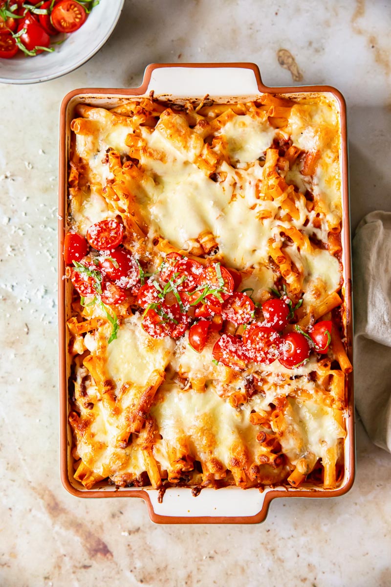 Baked pasta topped with tomato basil salsa