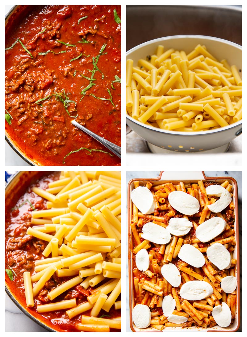 step by step photo collage for baked ziti recipe