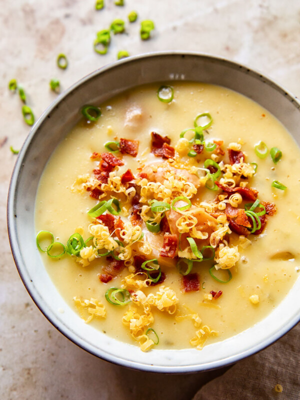 Potato Soup topped with bacon bits, green onions and grated cheese