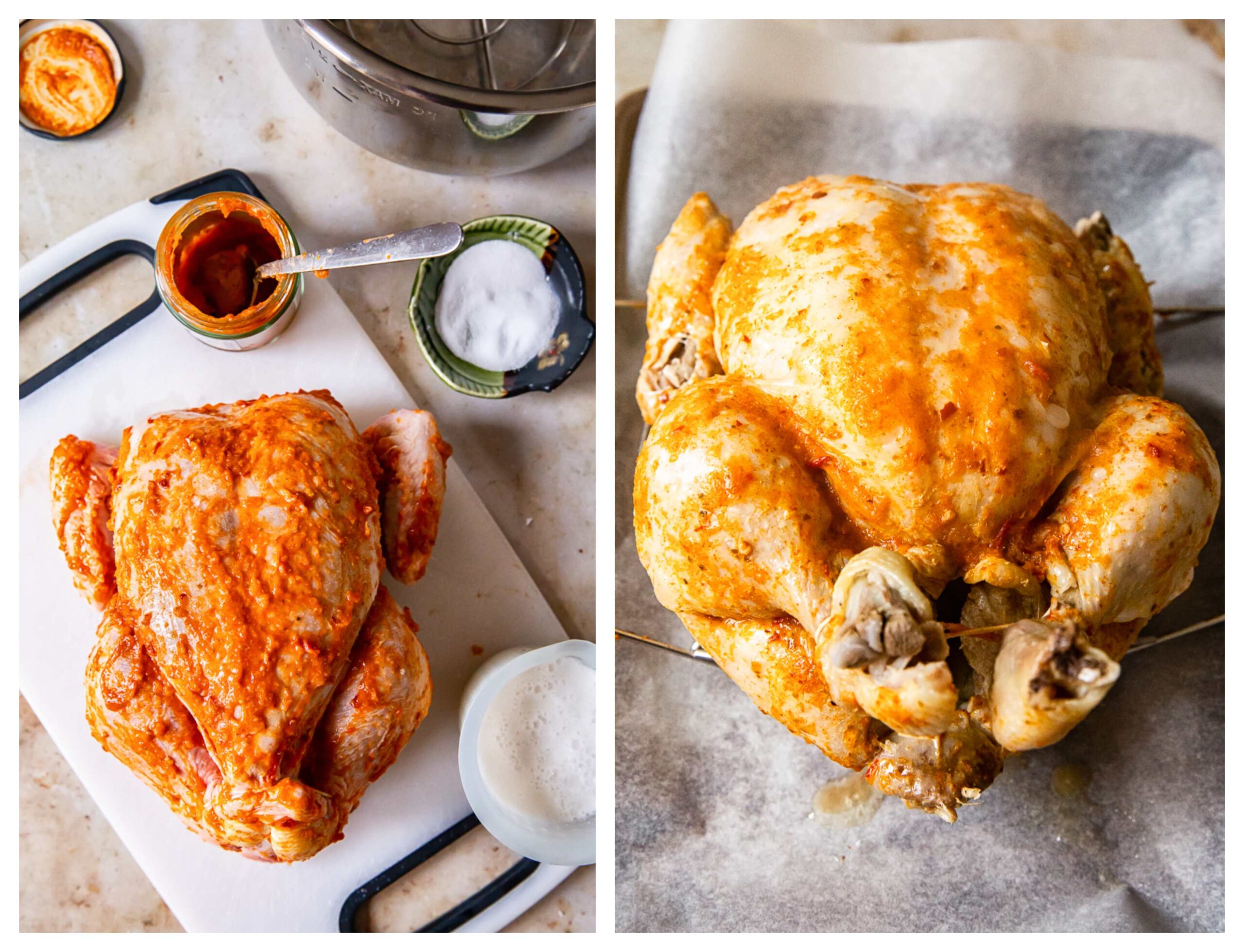Whole Chicken before and after being cooked in Instant Pot