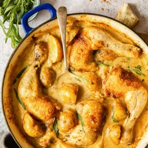 chicken legs and potatoes in creamy tarragon sauce