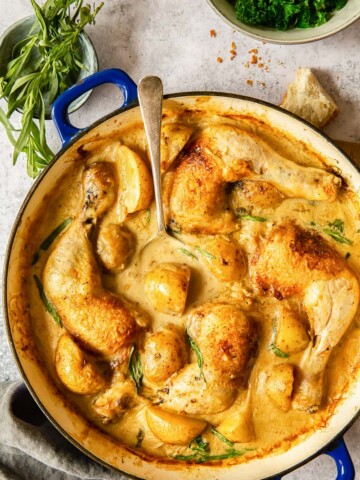 chicken legs and potatoes in creamy tarragon sauce